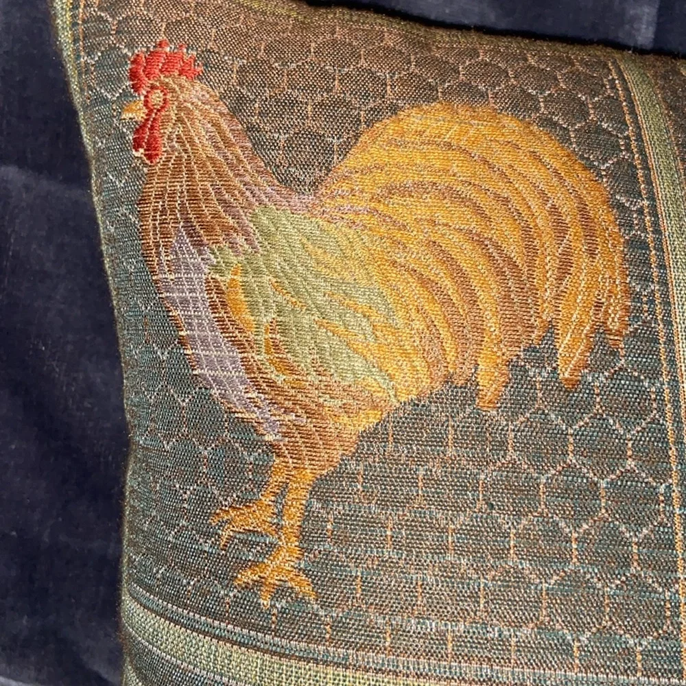 Rooster minipillow with green backside 11 inches by 12 Farmhouse decor
